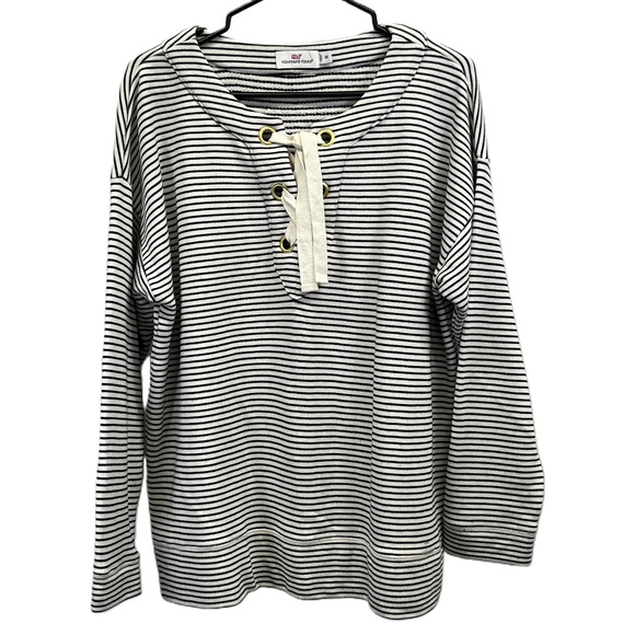 Vinyard Vines Bateau Cream Black Striped Lace Up Nautical Sweatshirt Medium - Picture 1 of 9